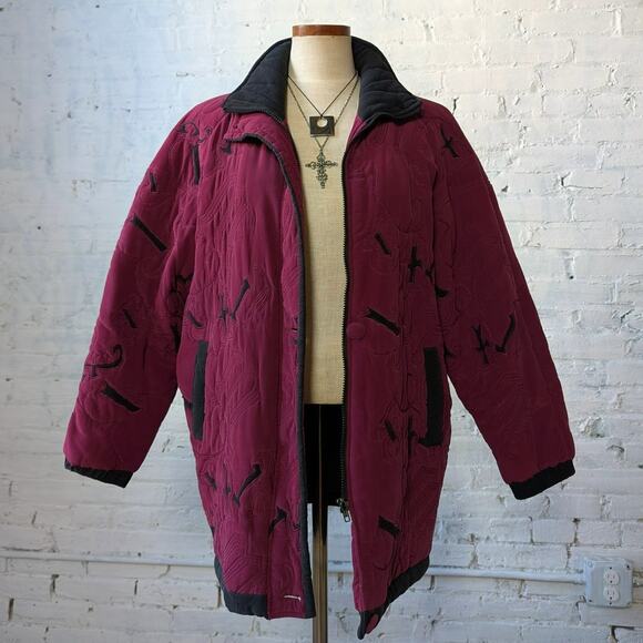 Vintage Purple Silk Jacket Embroidered Quilted Utility Boho Blanket Coat Small - Picture 1 of 9